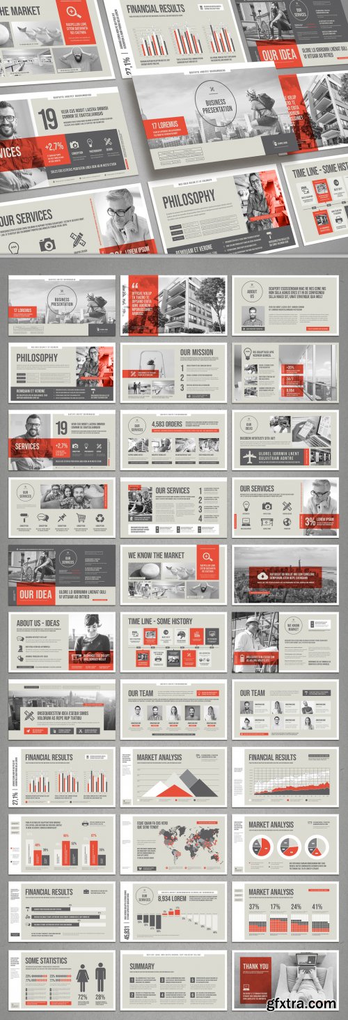 Business Presentation Layout in Beige and Gray with Red Accents 372032394