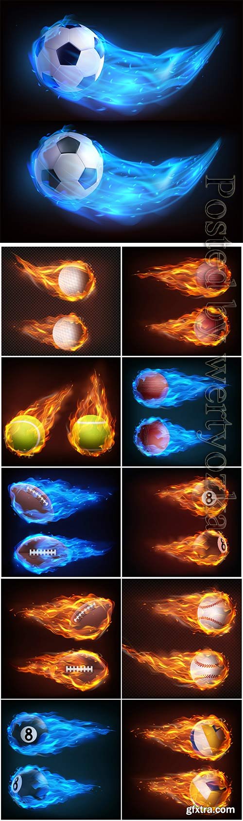 Balls flying in fire realistic vector