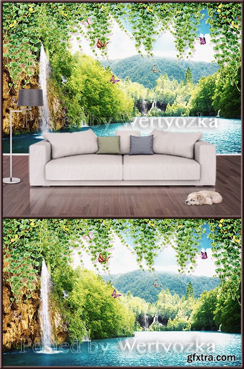 3D psd background wall waterfall nature