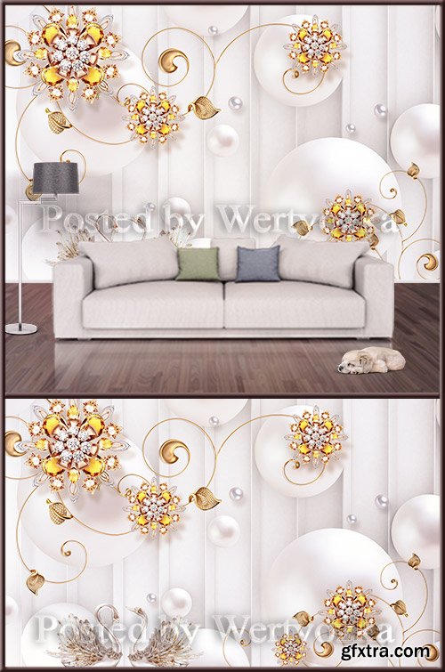 3D psd background wall golden swans decorations