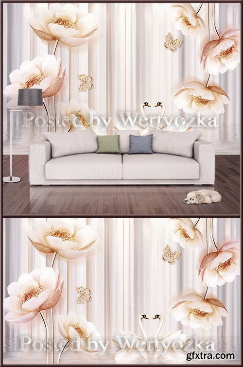 3D psd background wall flowers swans buttons