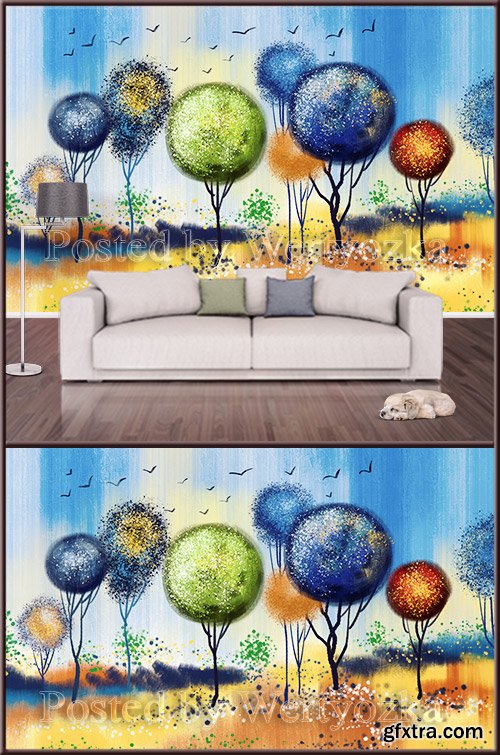 3D psd background wall color abstract trees