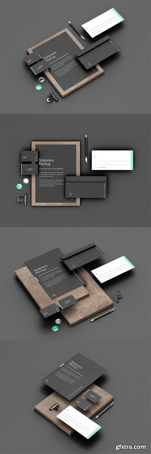 Dark Stationery PSD Mockups With Elegant Stone Cube