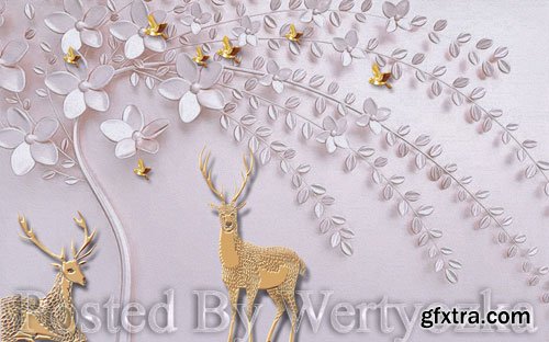 3D psd models simple nordic embossed fawn on a tree wall