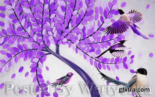 3D psd models modern beautiful hand painted embossed fortune tree bird tv background wall