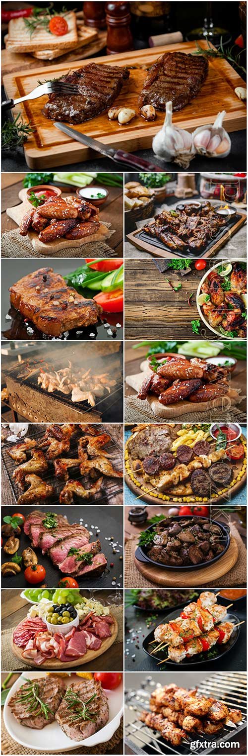 Meat, barbecue, fried chicken, steak stock photo set