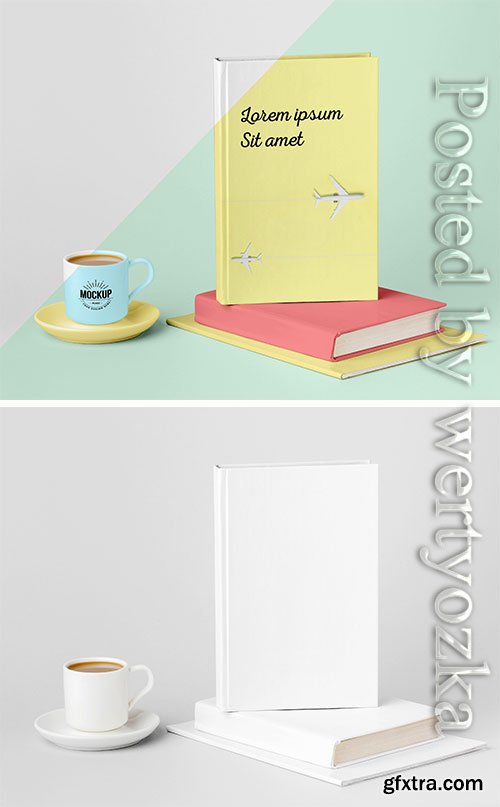 Book cover mock-up assortment with cup of coffee