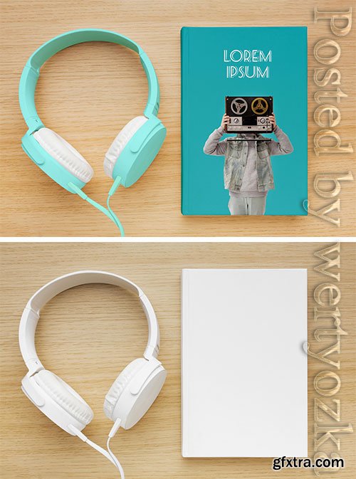 Assortment with book cover mock-up and headphones