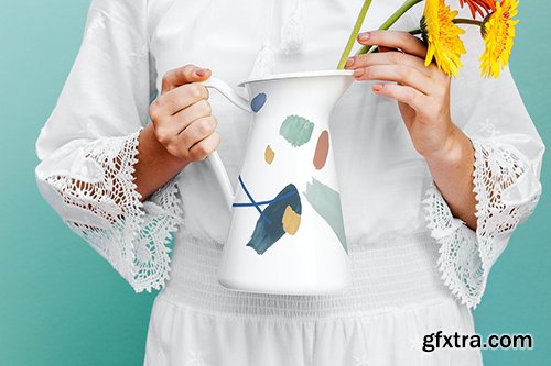 Girl holding a jug mockup with daisies 1210116