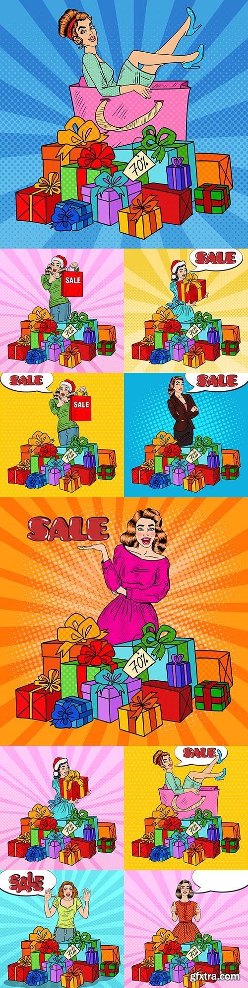 Pop art happy woman with huge gift boxes illustration
