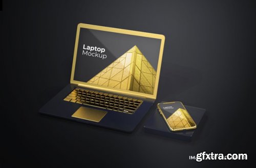 Black gold screen smartphone and macbook mockup