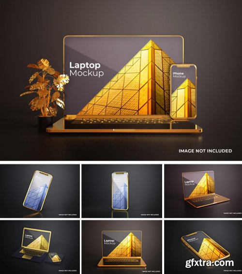 Black gold screen smartphone and macbook mockup