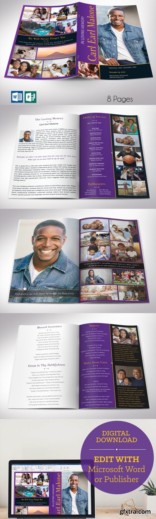 CreativeMarket - Purple Gold Funeral Program Word 8pg 4856157