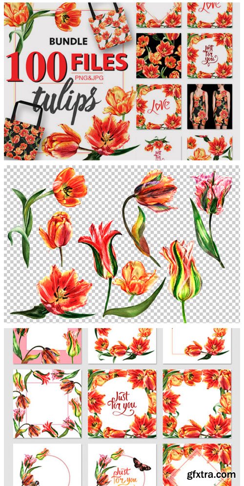 Tulip Red PNG Watercolor Flower Set 4756402