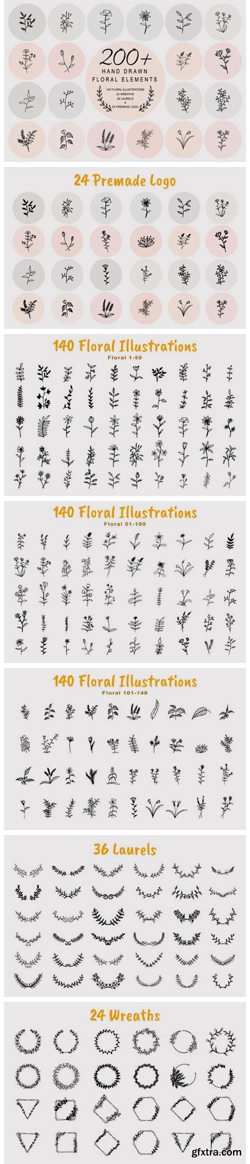 200 Hand Drawn Floral Elements Bundle 5782102