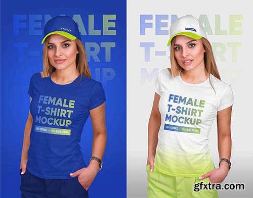 CreativeMarket - Female T-Shirt & Baseball Cap Mockup 5336808