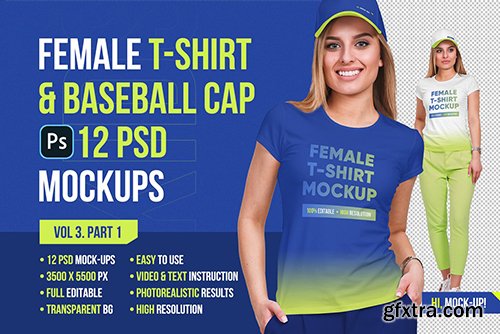 CreativeMarket - Female T-Shirt & Baseball Cap Mockup 5336808