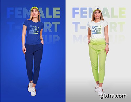 CreativeMarket - Female T-Shirt & Baseball Cap Mockup 5336808