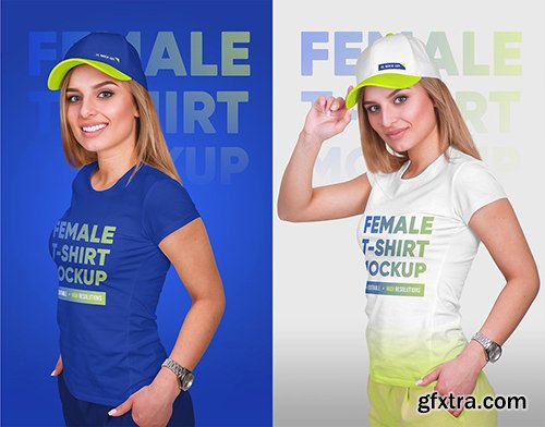 CreativeMarket - Female T-Shirt & Baseball Cap Mockup 5336808