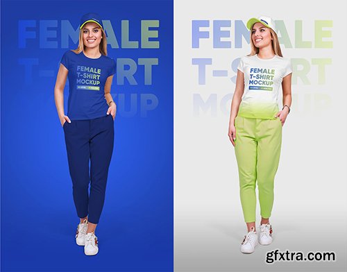 CreativeMarket - Female T-Shirt & Baseball Cap Mockup 5336808