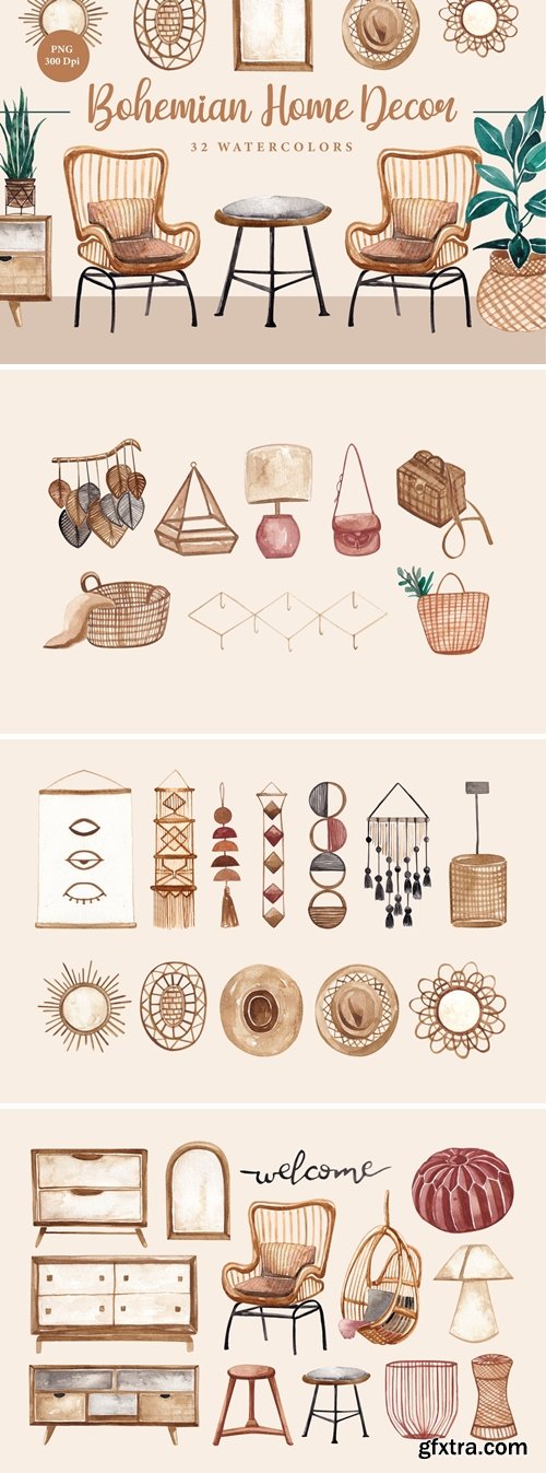 Bohemian Home Decor Asset Watercolors