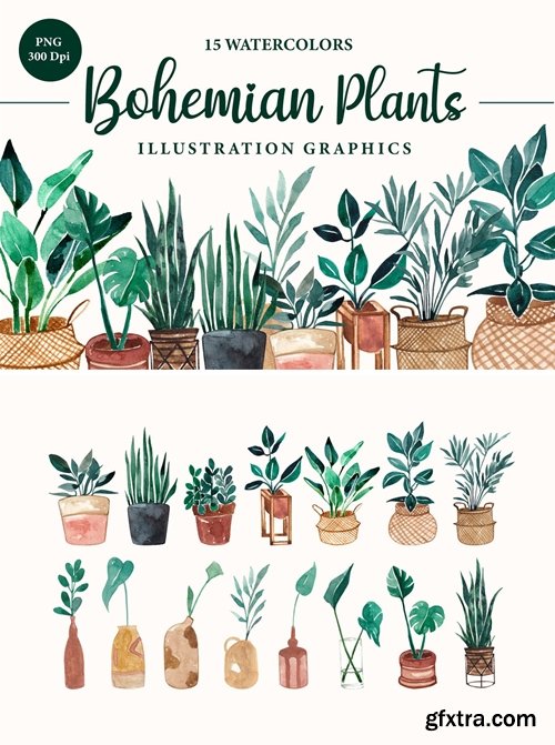 Terracota Plant Bohemian Tropical Set Watercolor