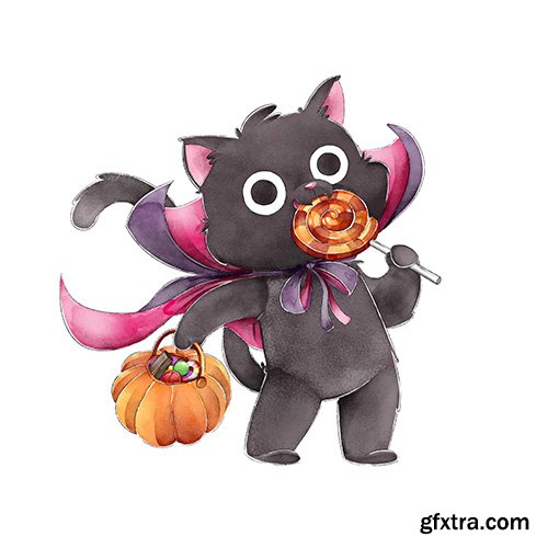 Black Cat Eating Candies Happy Halloween