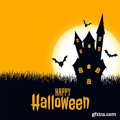 Happy Halloween Scary Card Castle with Moon and Bats