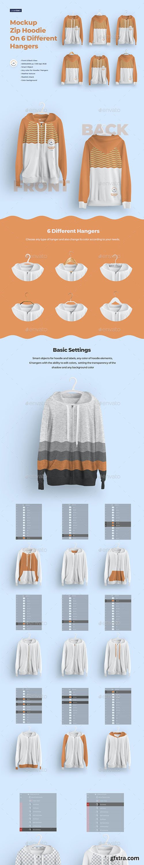 GraphicRiver - Front and Back Zip Hoodie Mockup On 6 Different Hangers 28926231