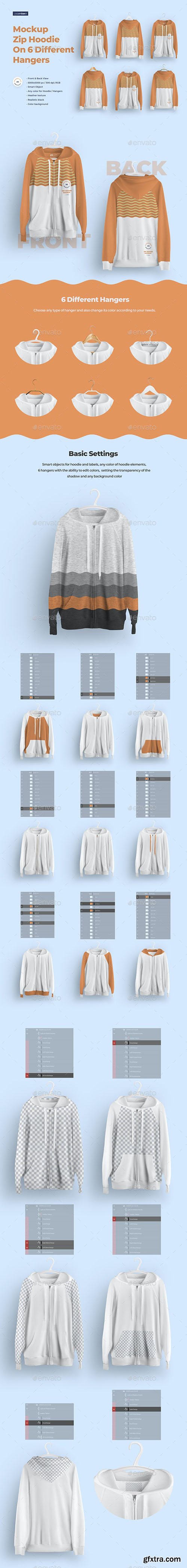 GraphicRiver - Front and Back Zip Hoodie Mockup On 6 Different Hangers 28926231