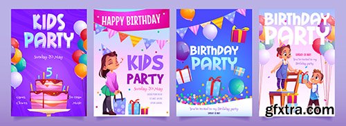 Kids birthday party invitation cartoon banners