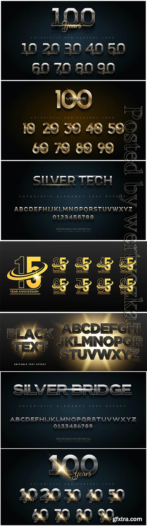 Gold and silver anniversary number set logo, alphabet fonts with text effect