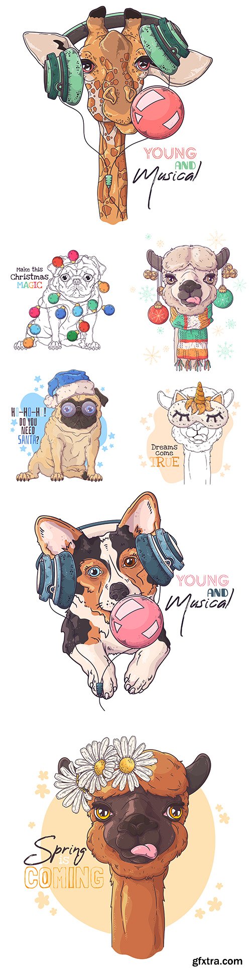 Portrait cute animals in music headphones and New Year's accessories
