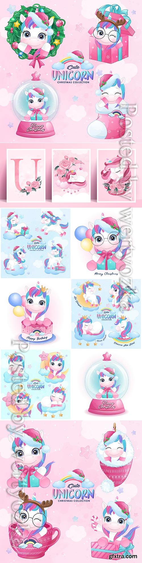 Cute doodle unicorn vector set in watercolor style