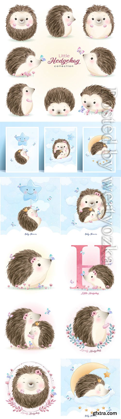 Cute doodle hedgehog set with watercolor vector illustration