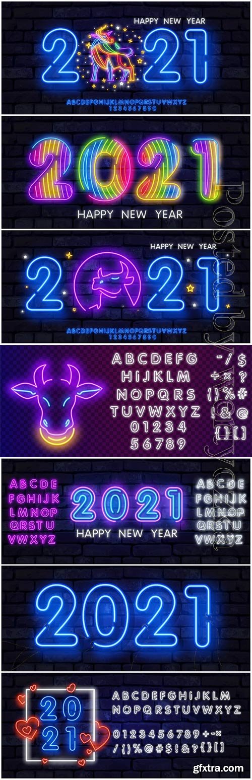 Colorful neon 2021 happy new year neon vector banner