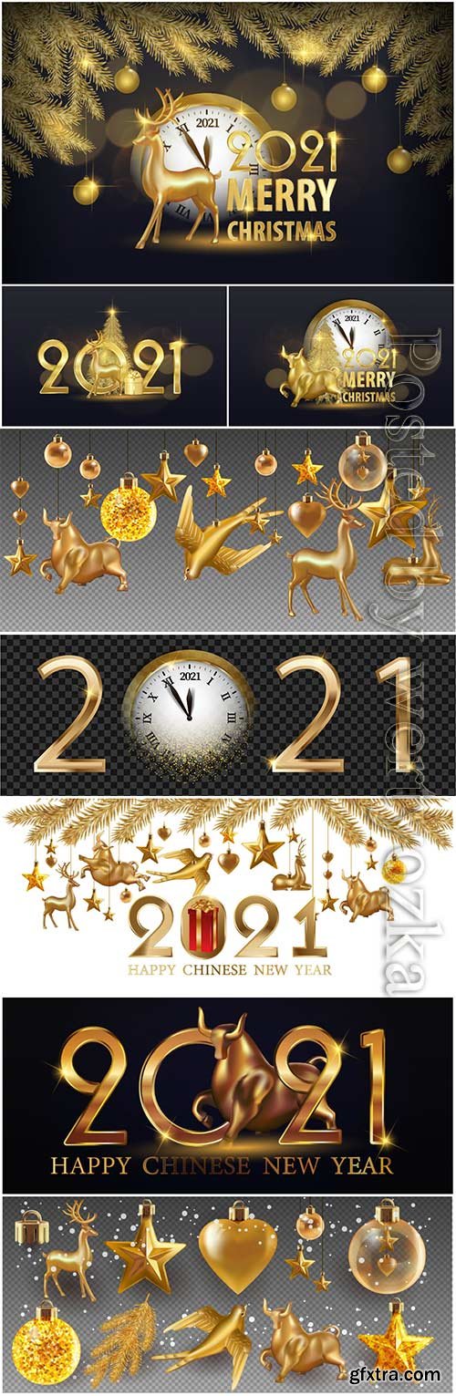 2021 gold christmas greeting vector card with gold christmas toys gift boxes