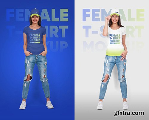 CreativeMarket - Female T-Shirt & Baseball Cap Mockup 5336844