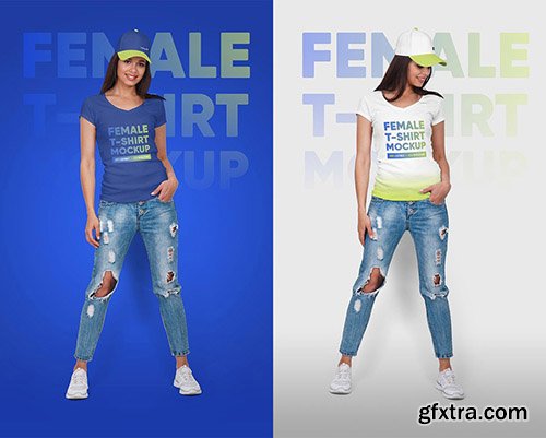 CreativeMarket - Female T-Shirt & Baseball Cap Mockup 5336844