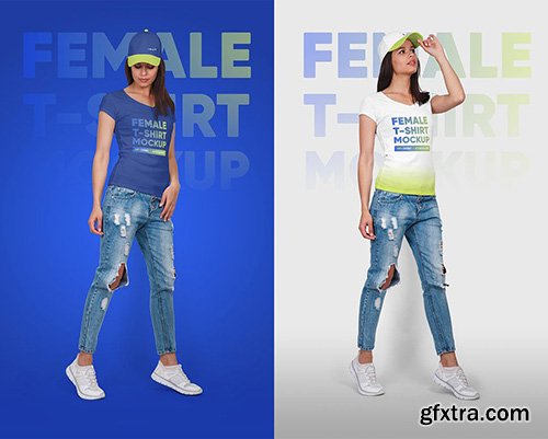 CreativeMarket - Female T-Shirt & Baseball Cap Mockup 5336844