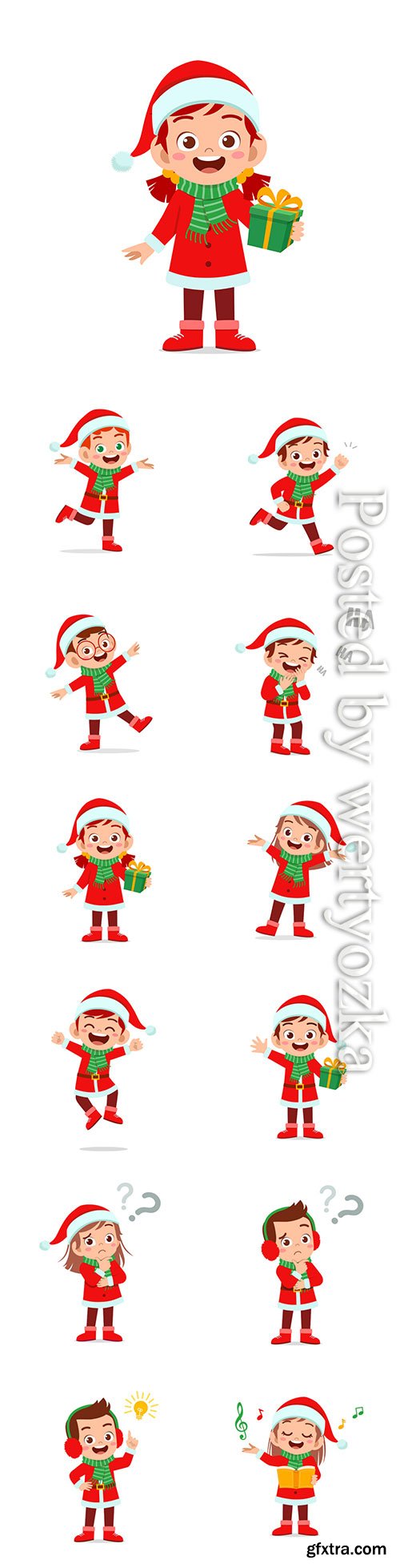 Happy cute little kid boy and girl wearing red christmas costume