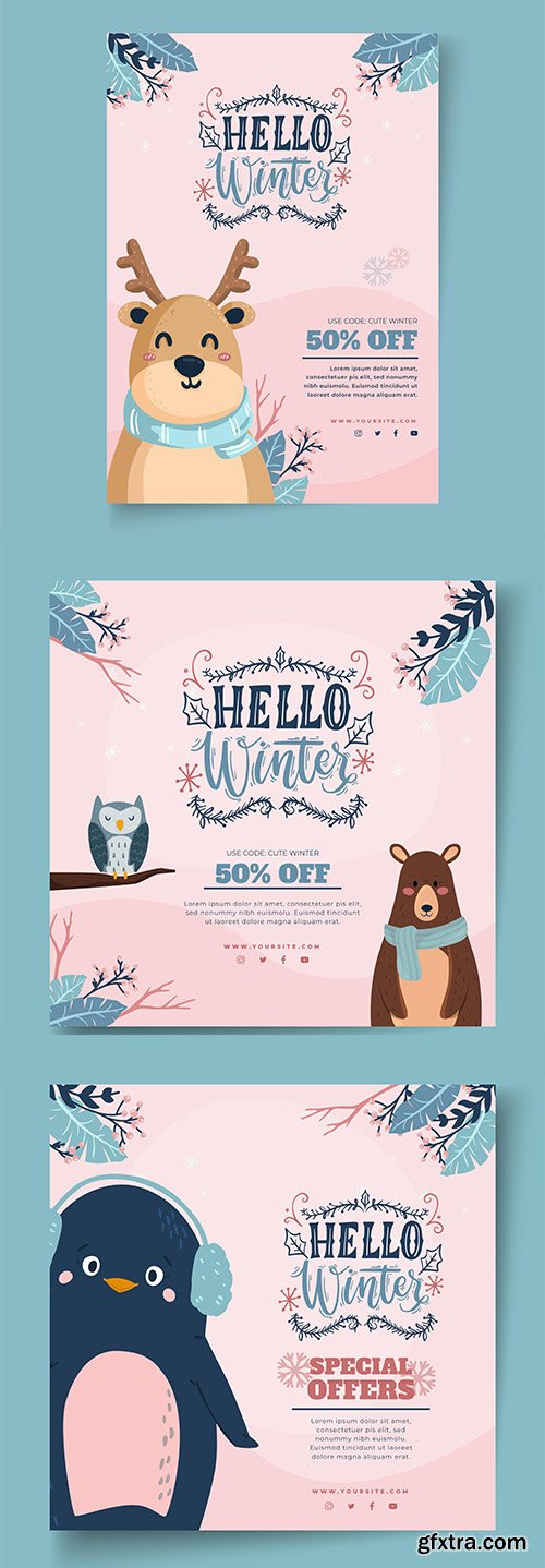 Flyer template for winter sale with animals