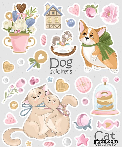 Corgi and cat set stickers and badges pastel design
