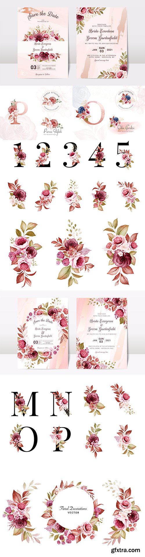 Floral wedding invitation template with elegant burgundy and brown roses
