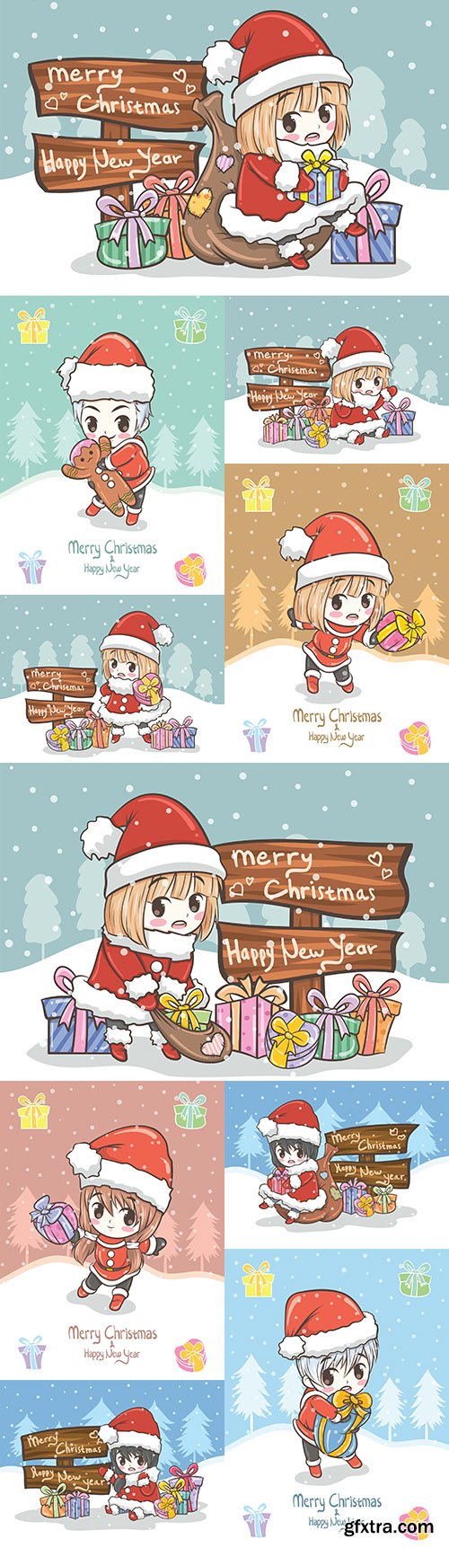 Sweet girl and guy santa holds gift box illustration
