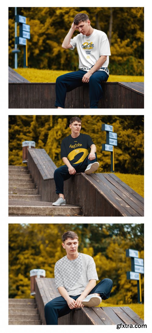 3 Oversized T-Shirt Mockups with Model Outdoors in Autumn 382472771