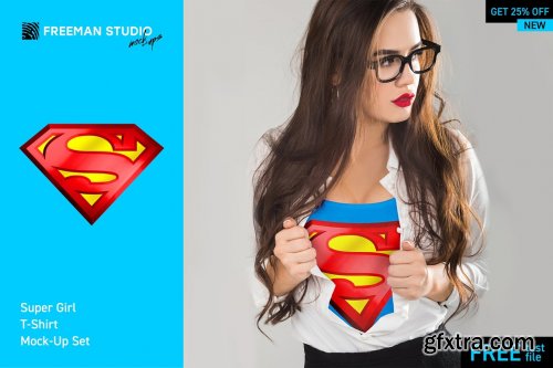 CreativeMarket - Super Girl T-Shirt Mock-Up Set 3410815