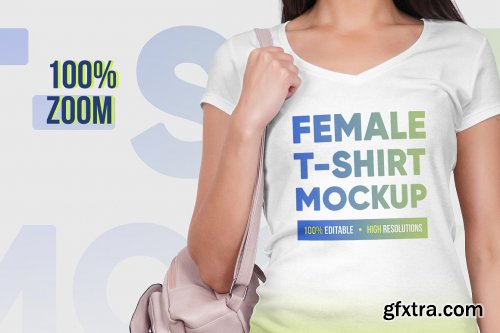 CreativeMarket - Female V-Neck T-Shirt Mockup 5336811