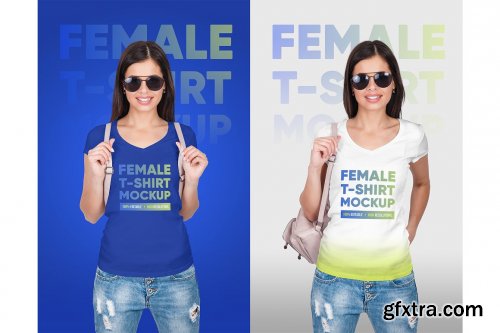 CreativeMarket - Female V-Neck T-Shirt Mockup 5336811