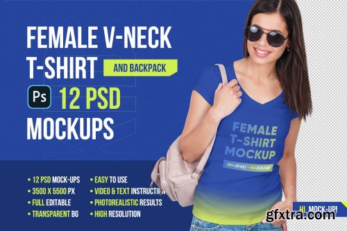 CreativeMarket - Female V-Neck T-Shirt Mockup 5336811
